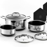 HexClad Hybrid Nonstick 6-Piece Pot Set with 2 Silicone Trivets, 2, 3, and 8-Quart Pots with Tempered Glass Lids, Stay-Cool Handles, Dishwasher-Friendly, Induction Ready, Compatible with All Cooktops