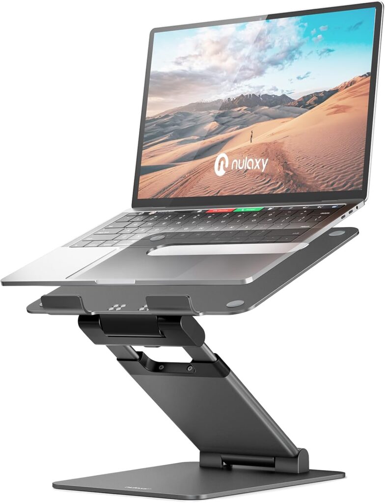 Nulaxy Height Adjustable Laptop Stand for Desk, Dual Foldable Aluminum Computer Riser, Pull Out Design Ergonomic Sit to Notebook Holder Convertor, Compatible with All 10-17″ Laptops, Tablets, Gray