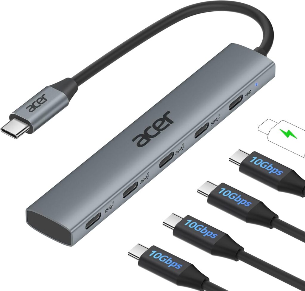 Acer 10 Gbps USB C Hub, USBC Splitter with 4*USB C 3.2 and 100W PD Port, Fast Transfer Type-C Multiport Adapter Compatible with MacBook Pro/Air M2/M1, iPad, Surface Pro, XPS【No Video Output】
