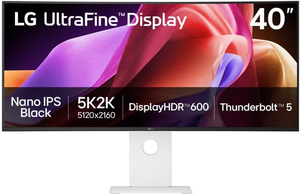 LG 40U990A-W 40-inch Ultrafine 5K2K WUHD (5120 x 2160) Nano IPS Curved Monitor, Thunderbolt 5, DisplayHDR 600, Built-in Power, Speaker, 120Hz, HDMI 2.1, DP 2.1, USB C, Tilt/Height/Swivel Stand, White