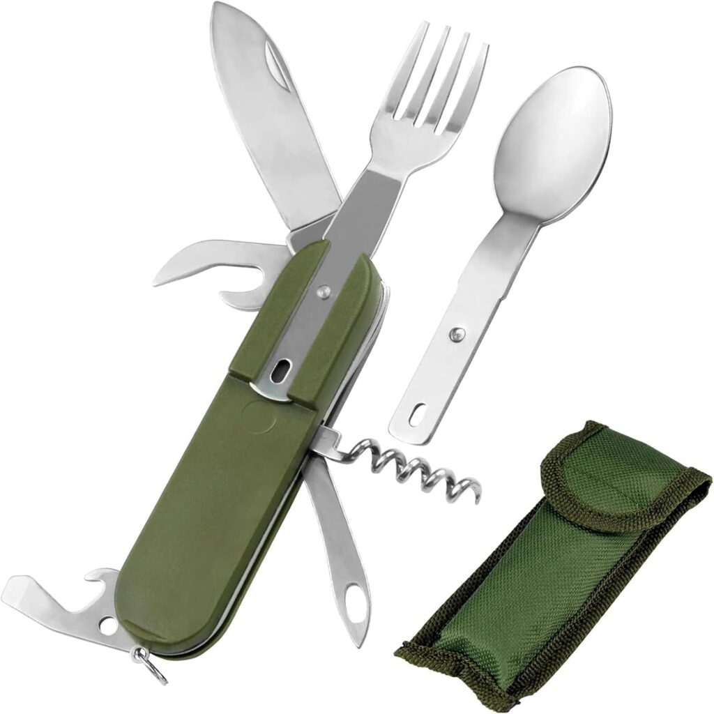 7-in-1 Camping Utensils – Portable Stainless Steel Camping Fork Spoon Knife Set for Hiking, Picnics Outdoor Enthusiasts, and Travel – Essential Survival Utensil Tool Kit