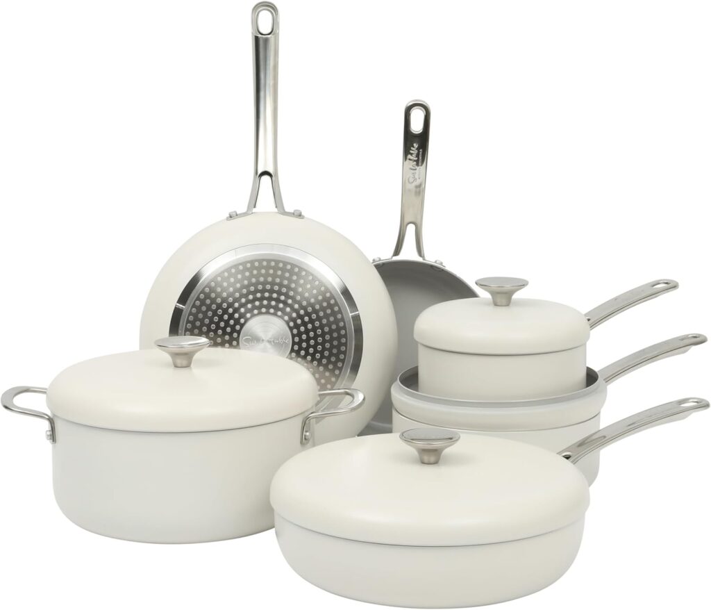 Sur La Table Kitchen Essentials Potluck Porch 10 Piece PFA Free Ceramic Non stick Interior Forged Aluminum Cookware Pots and Pans Set W/Aluminum Lids – Linen White – Induction Compatible