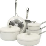 Sur La Table Kitchen Essentials Potluck Porch 10 Piece PFA Free Ceramic Non stick Interior Forged Aluminum Cookware Pots and Pans Set W/Aluminum Lids – Linen White – Induction Compatible