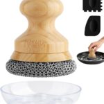 Cast Iron Scrubber and Scraper,Chain Mail Cleaner with Bamboo Handle & Draining Tray,316 Stainless Steel Brush for Cleaning Pots,Pans,Wok,Bakeware,Griddles, Grills,Dishes (Small Chain Mail)