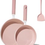 CAROTE 8” and 10” Nonstick Ceramic Frying Pans Skillet,NonStick Fry Pan Egg Pan Omelet Pans,Healthy & PFOA/PFAS Free, Induction-Compatible, Dishwasher Safe & Includes Silicone Spatula,Pink