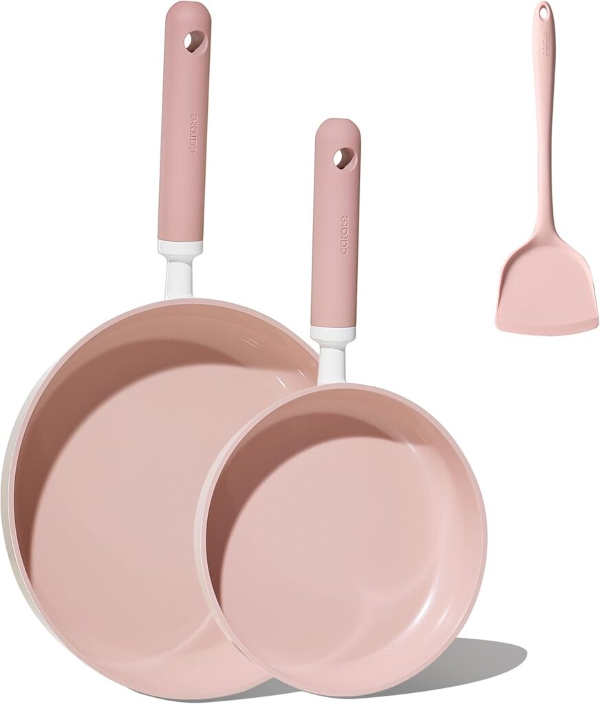 CAROTE 8” and 10” Nonstick Ceramic Frying Pans Skillet,NonStick Fry Pan Egg Pan Omelet Pans,Healthy & PFOA/PFAS Free, Induction-Compatible, Dishwasher Safe & Includes Silicone Spatula,Pink