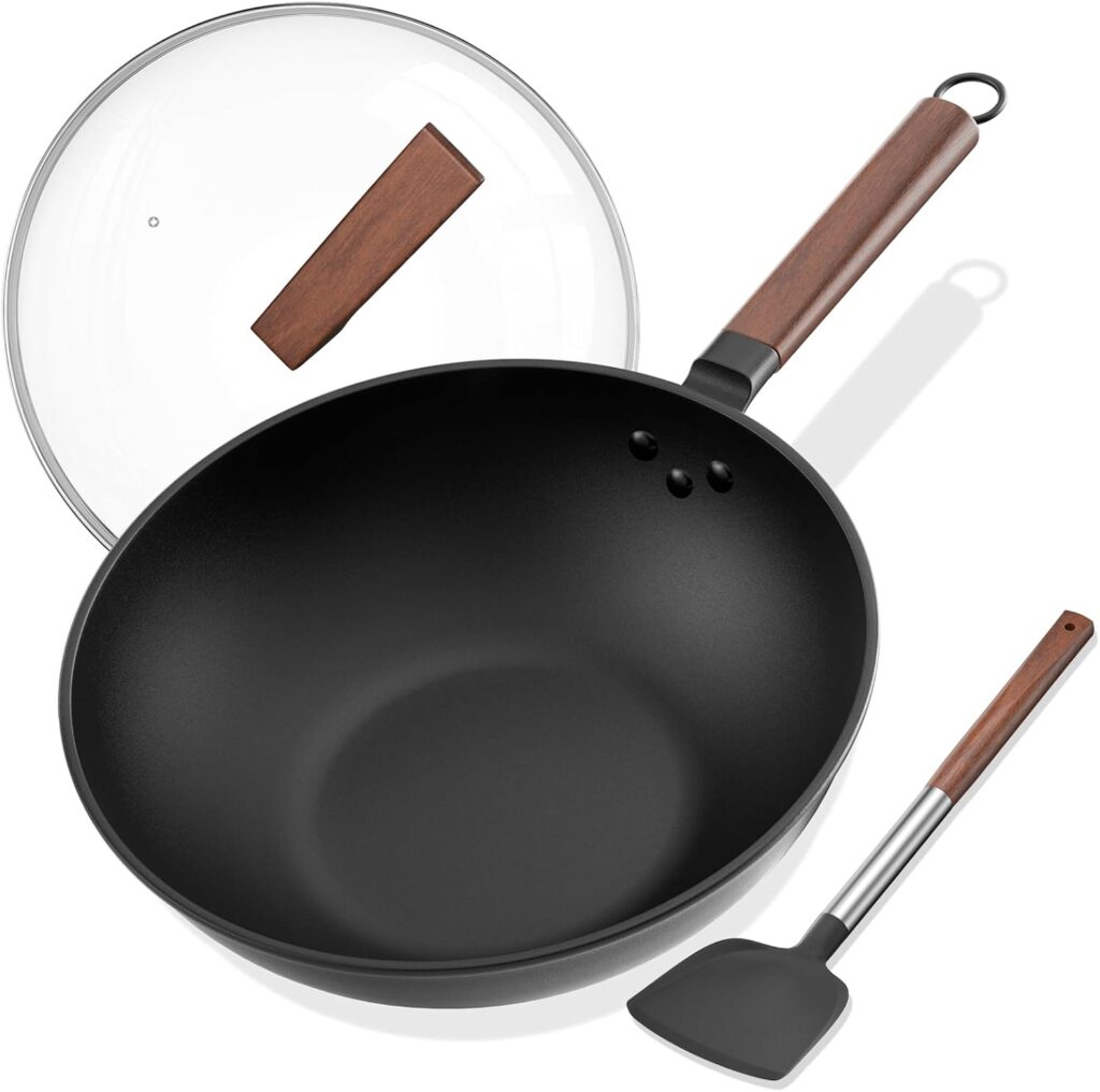 Carbon Steel Wok – Including Glass Cover and Silicone Spatula, 13-Inch Woks & Stir-Fry Pans for Induction, Electric, Gas Stoves