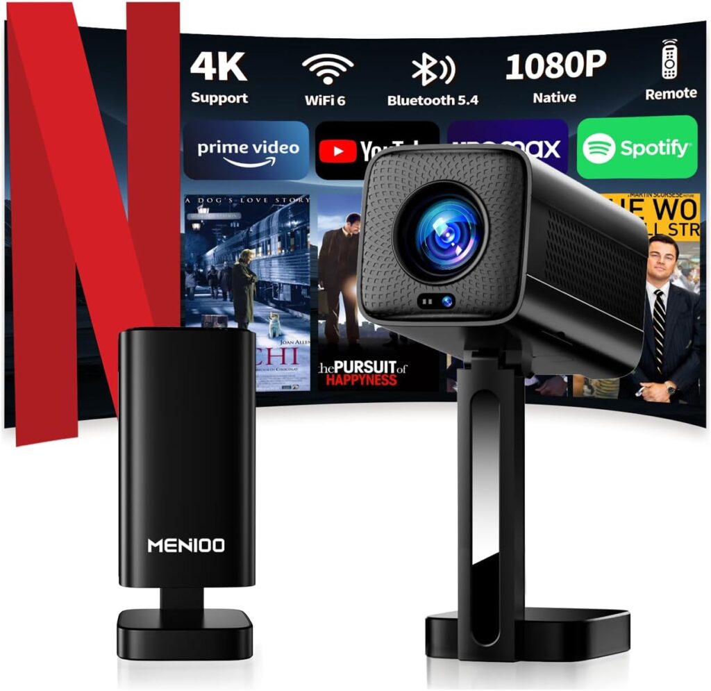 Mini Projector [Built-in Apps & 2026 Upgraded] Support 4K 1080P Auto Focus & Keystone Correction 90° Rotatable, Portable Projector with WiFi 6 and Bluetooth 5.4 for HDMI/TV Stick/USB/Laptop – Black