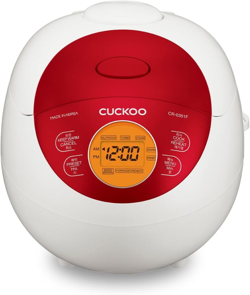 CUCKOO Micom Rice Cooker 6 Cup Uncooked / 12 Cup Cooked, Korean Fuzzy Logic Rice Cooker Small with Delay Timer & Keep Warm Setting, Versatile Food Steamer with Non-Stick Inner Pot, Red (CR-0351F)