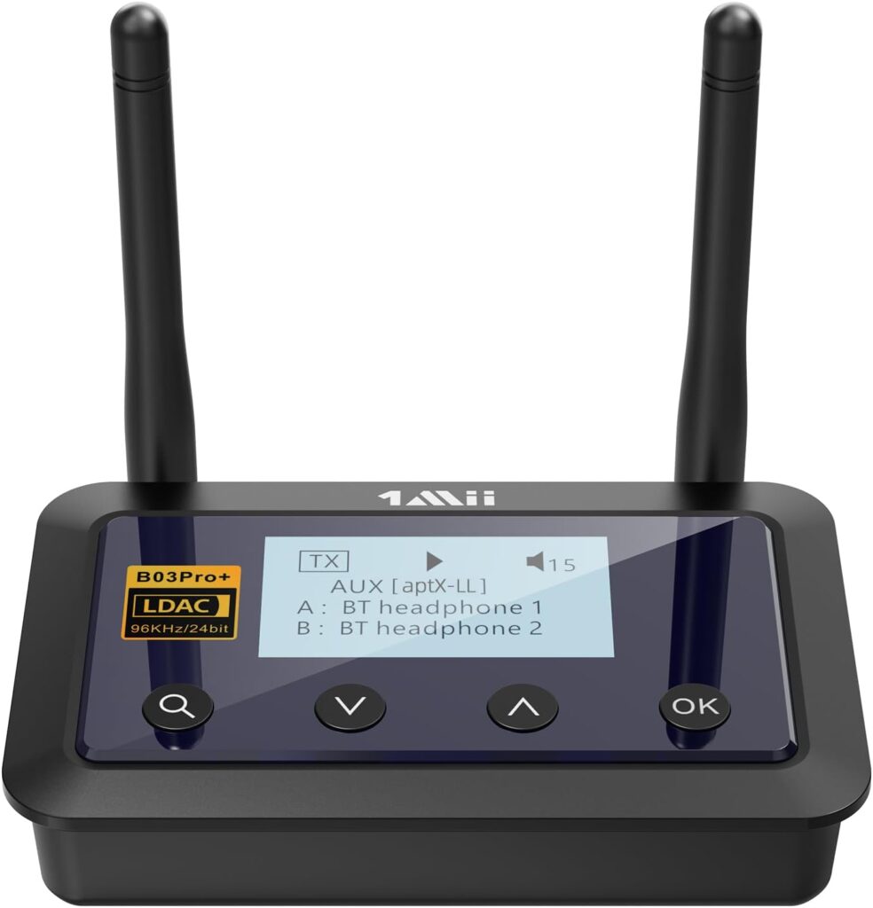 1Mii B03Pro+ Bluetooth 5.3 Transmitter Receiver Certified LDAC for TV Home Stereo, Long Range Bluetooth Extender Wireless Audio Adapter with Screen, Optical RCA AUX 3.5mm Outputs/Inputs