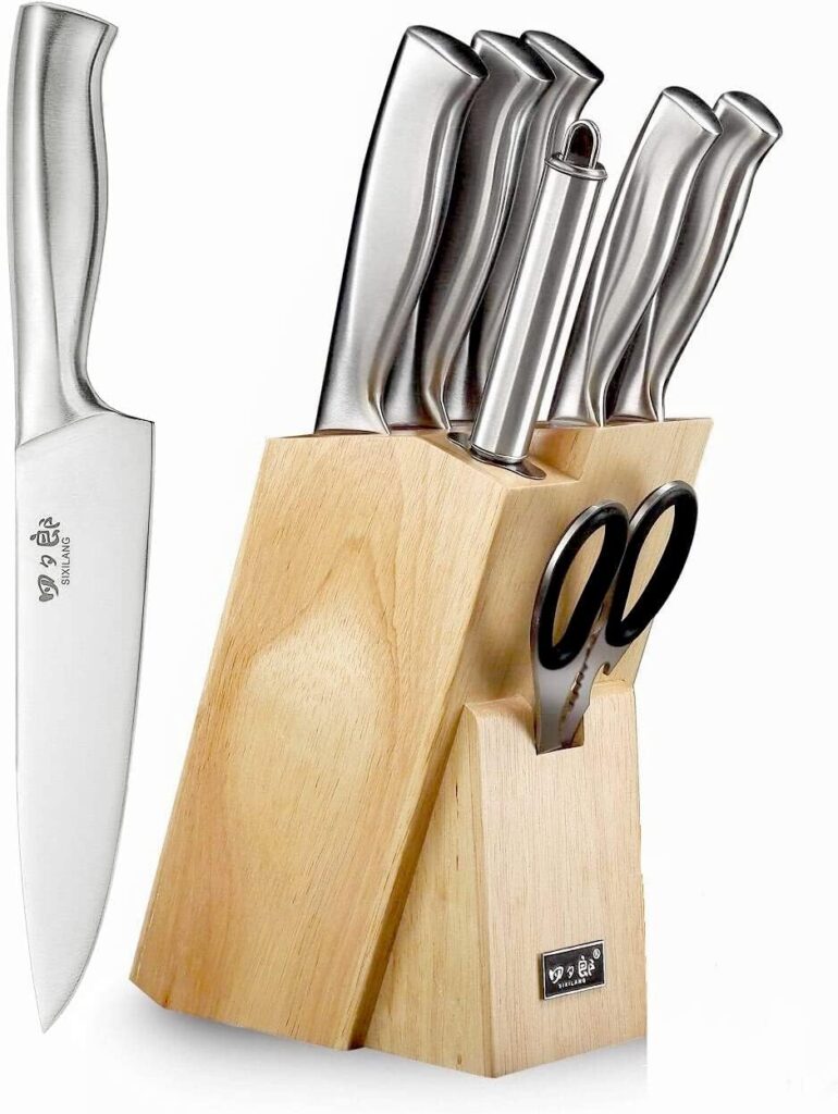 Knife Set, 8 Piece German Stainless Steel Hollow Handle Manual Knife Sharpener Forged Kitchen Knives Set with Oak Wooden Block Gift