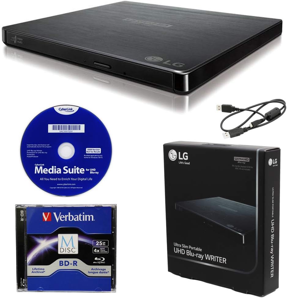Produplicator LG BP60NB10 Portable 6X Ultra HD 4K Blu-ray Burner External Drive with CyberLink Software, 25GB M-DISC BD-R, and USB Cable – Burns CD DVD BD DL BDXL Discs