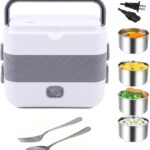 Portable Self Cooking Electric Lunch Box, 2L Mini Rice Cooker, 2 Layers 4 Stainless Steel Steamer Food Insulation Lunch Box for Home Office School Travel Kitchen Cook Raw Food, 110V/250-300W