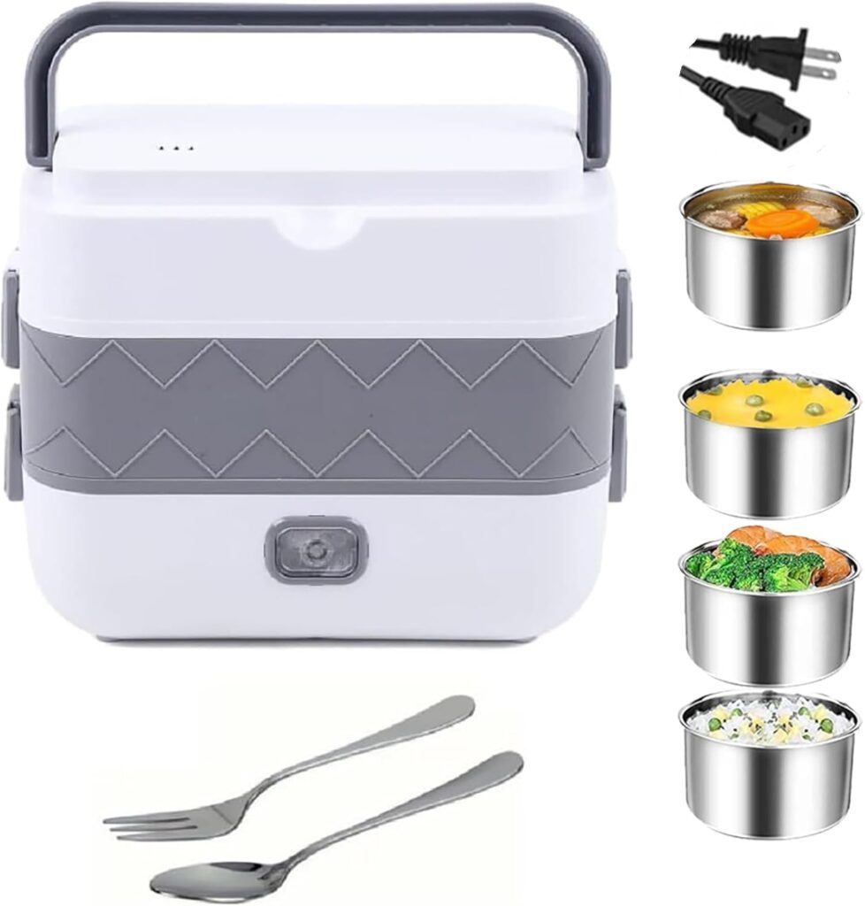 Portable Self Cooking Electric Lunch Box, 2L Mini Rice Cooker, 2 Layers 4 Stainless Steel Steamer Food Insulation Lunch Box for Home Office School Travel Kitchen Cook Raw Food, 110V/250-300W