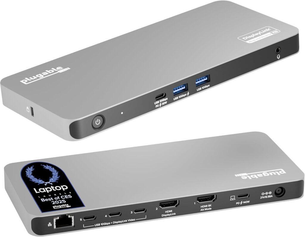 Plugable USB C Docking Station 5 Monitors, 140W DisplayLink Dock Connects up to Five 4K Displays for MacBook Windows Thunderbolt 4 Laptops, 2x HDMI, 3x USBC 2.5Gbps Ethernet, Driver Required UD-7400PD