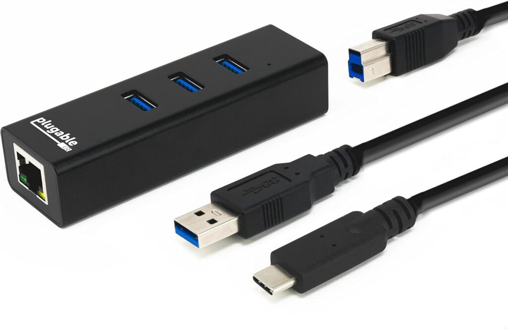 Plugable 3-Port USB 3.0 Hub with Gigabit Ethernet | Compatible with Windows, macOS, Linux, and ChromeOS | Portable USB-C/USB-A Bus-Powered RJ45 GbE LAN Adapter for Laptops, MacBooks, Chromebooks