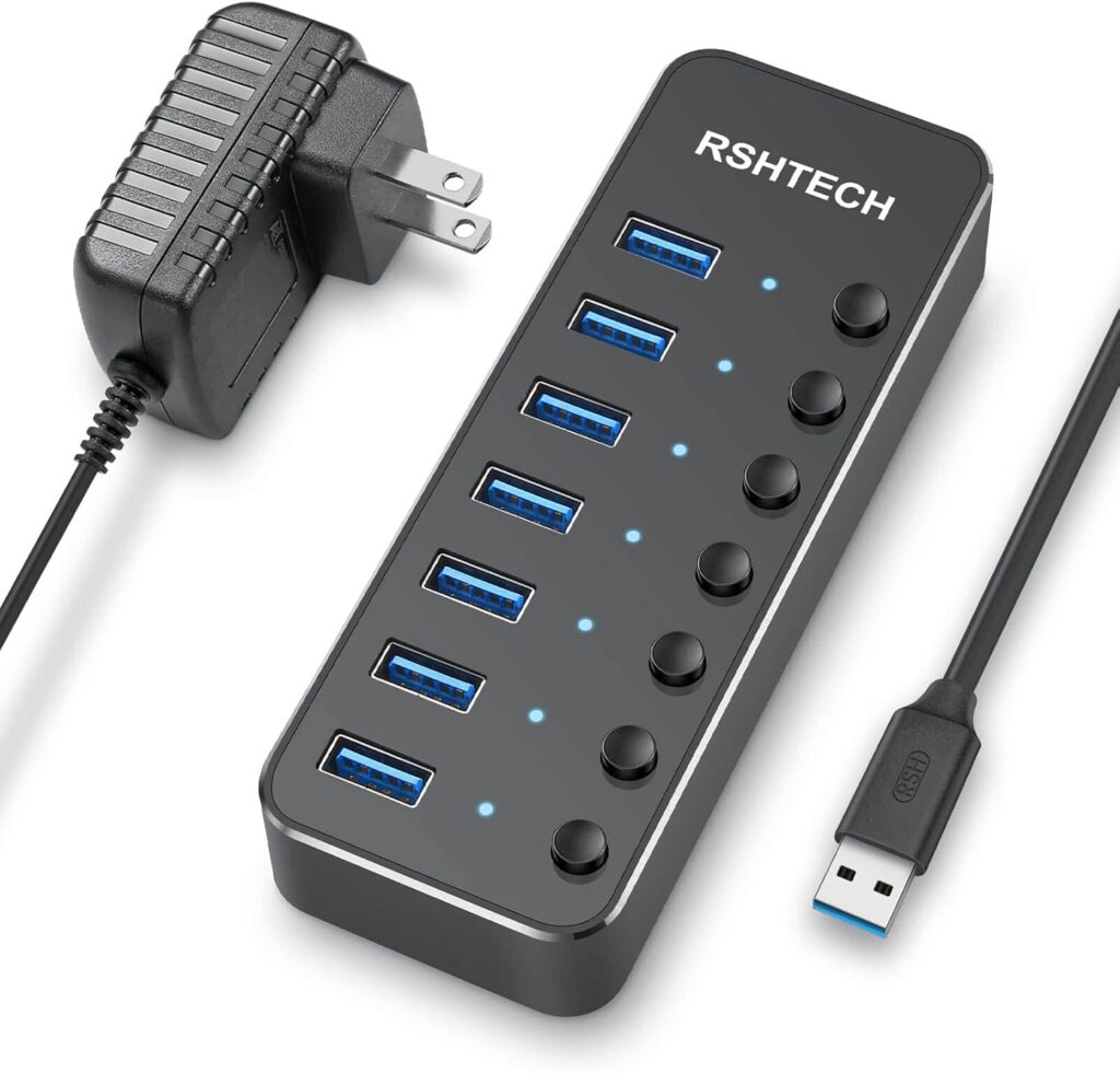 USB 3.0 Hub, RSHTECH 7 Port Powered USB Hub Expander Aluminum USB 3.0 Data Port hub with Universal 5V AC Adapter and Individual On/Off Switches USB Splitter for Laptop and PC(Black)