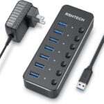 USB 3.0 Hub, RSHTECH 7 Port Powered USB Hub Expander Aluminum USB 3.0 Data Port hub with Universal 5V AC Adapter and Individual On/Off Switches USB Splitter for Laptop and PC(Black)