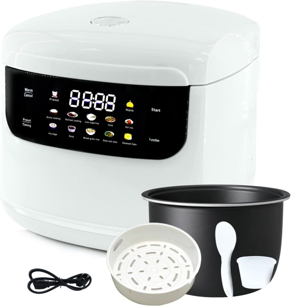 2L Mini Protable Rice Cooker,5 Cups Cooked/3 Cups Uncooked, 400W Non-Stick Rice Maker, 24 hours Timer Delay, 10 Functions, Fast Cooker,White
