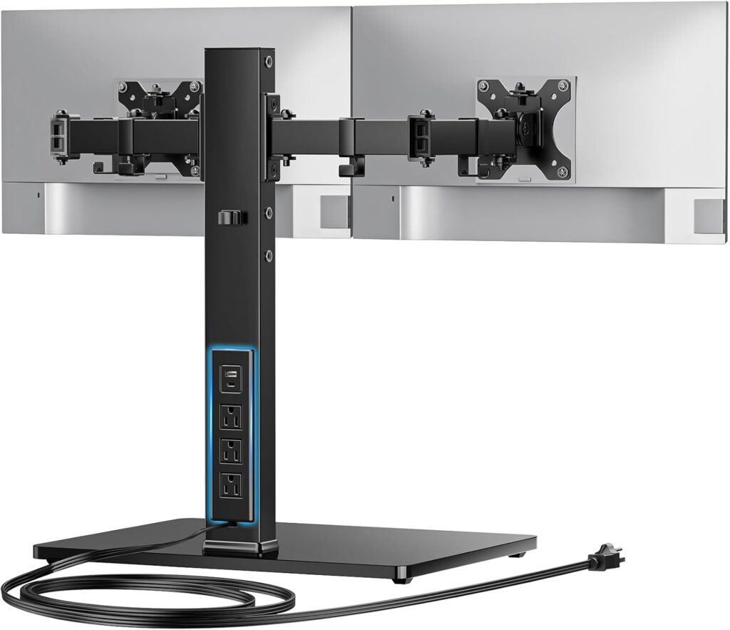 HUANUO Dual Monitor Mount with Power Outlet, Computer Monitor Stand with Sturdy Glass Base, Full Motion Dual Monitor Stand with Adjustable Height, Supports 13″-32″ Displays up to 22 lbs, Easy Setup