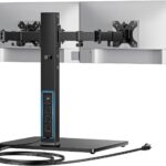 HUANUO Dual Monitor Mount with Power Outlet, Computer Monitor Stand with Sturdy Glass Base, Full Motion Dual Monitor Stand with Adjustable Height, Supports 13″-32″ Displays up to 22 lbs, Easy Setup