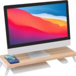 loukin Monitor Stand Riser for Desk, 22.4″ x 8.3″ Larger Computer Stand for Laptop, PC, Printer, Sturdy Desktop Computer Shelf with Non-Skid Rubber, Home Office, Natural Wood