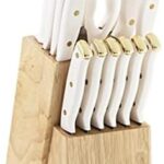 FARBERWARE 15-Piece Knife Block Set, Triple-Riveted High-Carbon Stainless Steel Kitchen Knives, Razor Sharp Blades, Wood Storage Block, White/gold