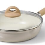 CAROTE 10″ Ceramic Frying Pan with Lid, Non Stick Frying Pan Skillet Chef’s Pan, Healthy & PFOA/PFAS Free, Induction-Compatible, Taupe