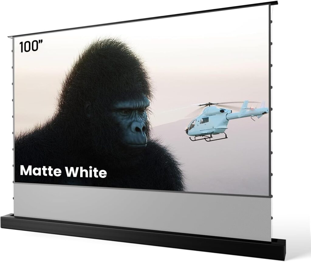 AWOL VISION 100″ Motorized Rising Matte White Projector Screen for Long Short Ultra Short Throw Projector, Floor Stand Indoor Outdoor Theater Screen, 170°+ Viewable 4K/8K Ultra HD MW-F210