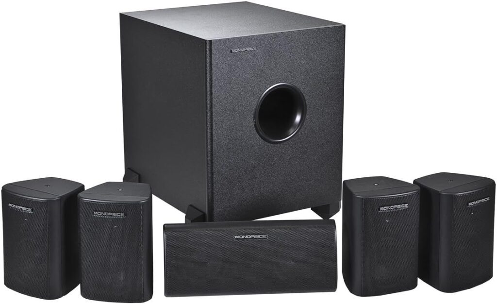 Monoprice 5.1 Channel Home Theater Satellite Speakers And Subwoofer – Black