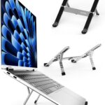 Junfire Foldable Laptop Stand for Travel, Aluminum Stable Ergonomic Laptop Riser with 6-Levels Height Adjustment, Fits with MacBook Air, MacBook Pro, iPad, HP, Dell, Lenovo (Up to 15.6”)-Sliver