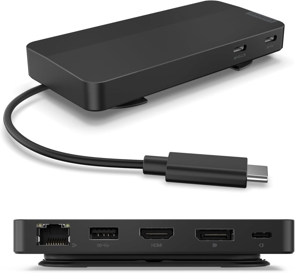Lenovo USB-C Dual Display Travel Dock – 7 Ports, Integrated USB-C Cable, Universal Compatibility, Dual Displays at 4K – Black