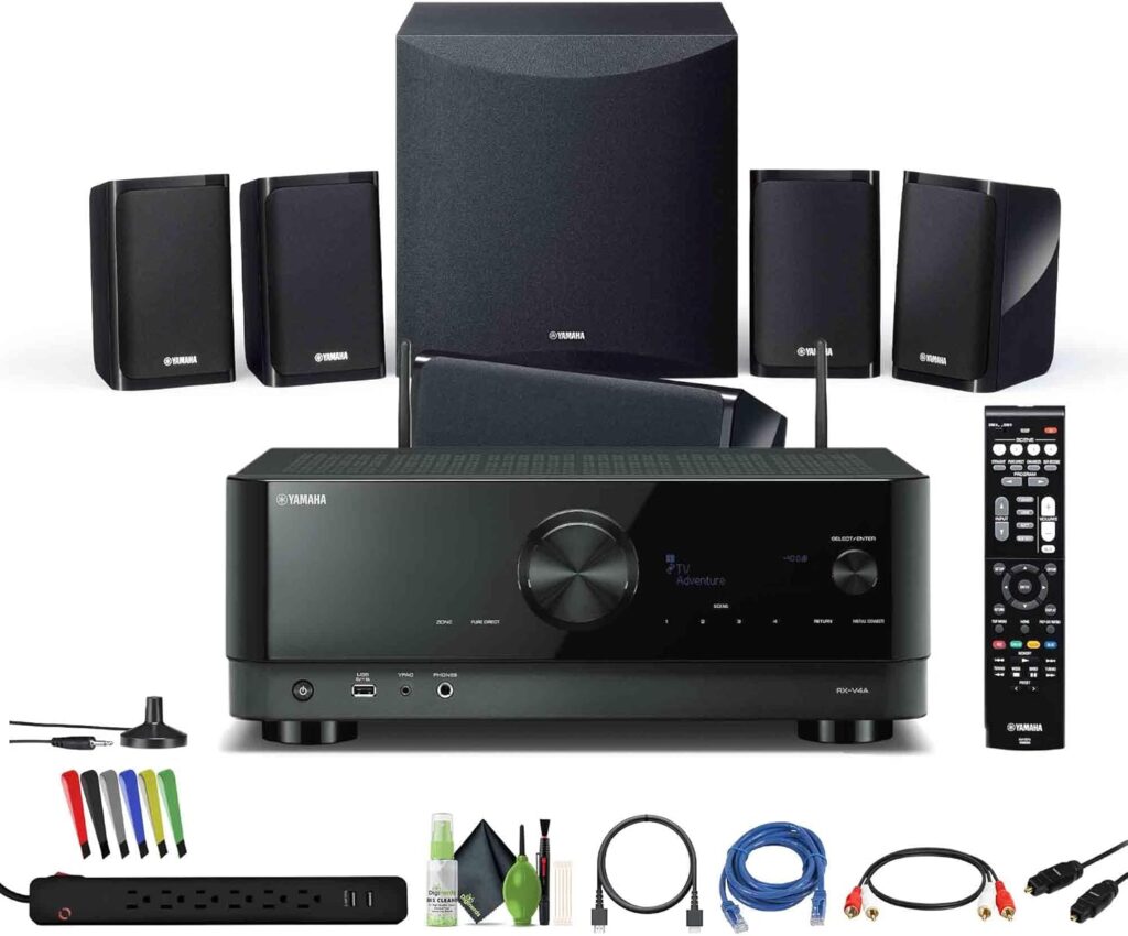 Yamaha YHT-5960U 5.1-Channel Home Theater System for TV Surround Sound System with 8″ 100W Powered Subwoofer and 8K HDMI and MusicCast Bundle with Accessories