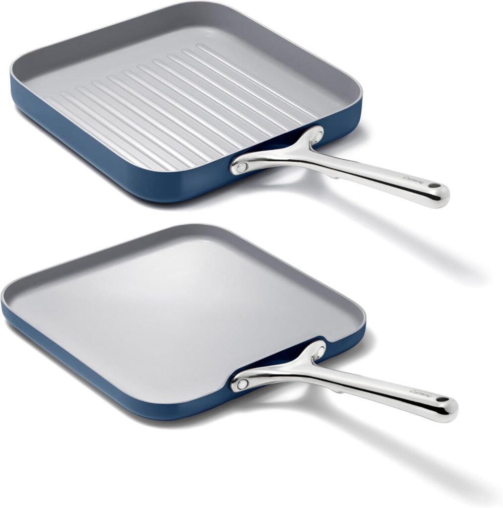 Caraway Griddle Pan & Grill Pan Duo – Non-Stick Ceramic Coated – Non Toxic, PTFE & PFOA Free – Oven Safe & Compatible with All Stovetops – Navy