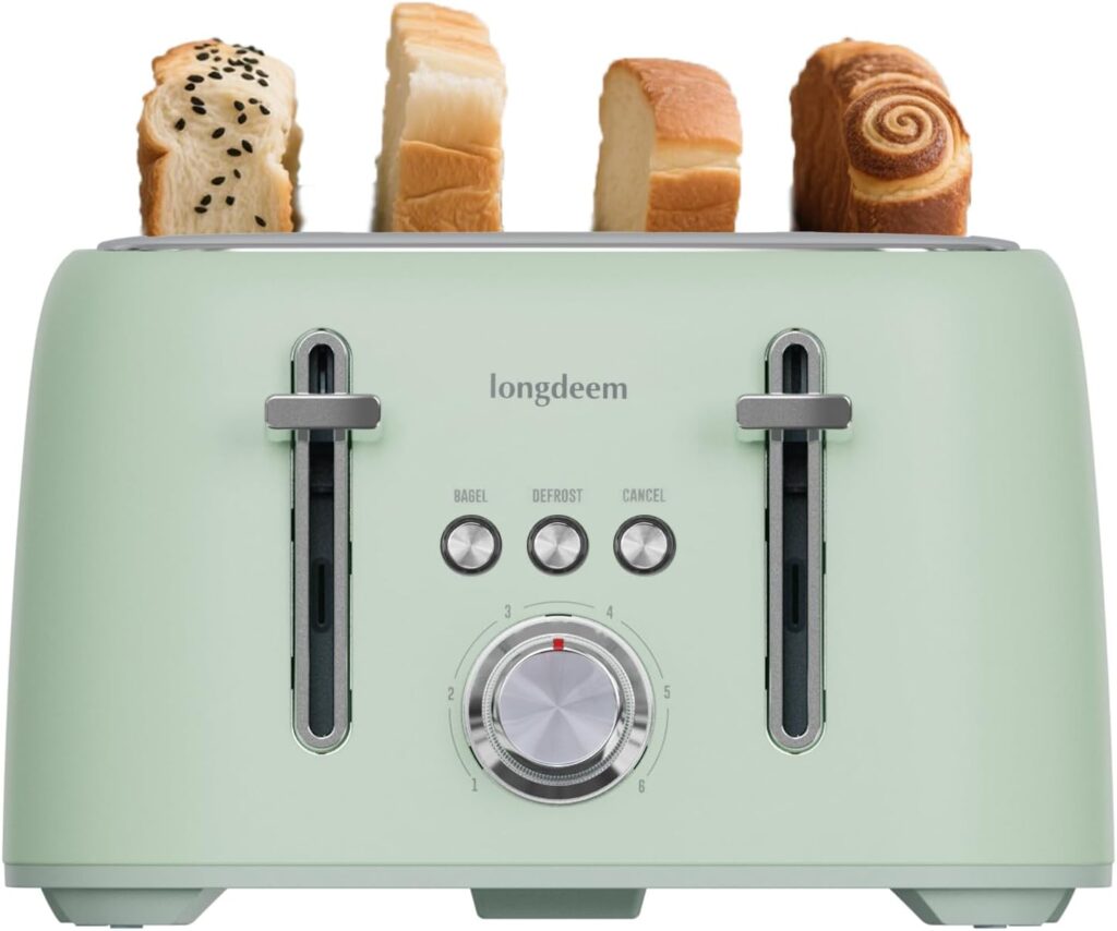 LONGDEEM 4-Slice Toaster 1.5″ Extra Wide Slot Stainless Steel with High Lift Lever, 6 Presets & Bagel/Defrost/Cancel Function, Removal Crumb Tray, Under Base Cord Storage, Green