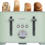 LONGDEEM 4-Slice Toaster 1.5″ Extra Wide Slot Stainless Steel with High Lift Lever, 6 Presets & Bagel/Defrost/Cancel Function, Removal Crumb Tray, Under Base Cord Storage, Green