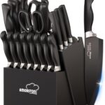 Knife Set, Amorston 21 Pieces Kitchen Knife Set with Block and Sharpener, Ultra-Sharp Knives Set with Ergonomic Handles, Black German Stainless Steel Knife Block Set, Dishwasher Safe