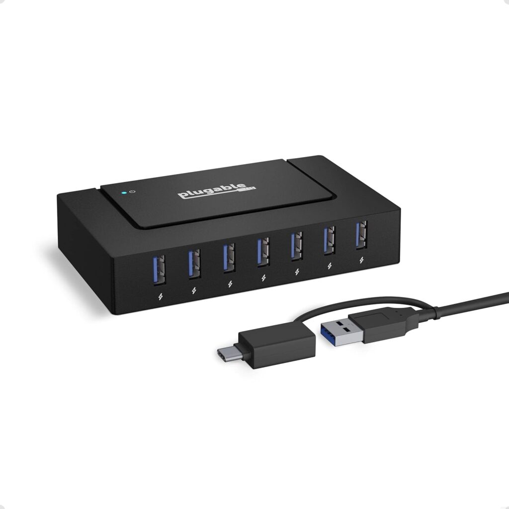 Plugable 7-in-1 USB Powered Hub for Laptops With USB-C or 3.0 – Power Station for Multiple Devices and Data Transfer With 60W Adapter, Driverless