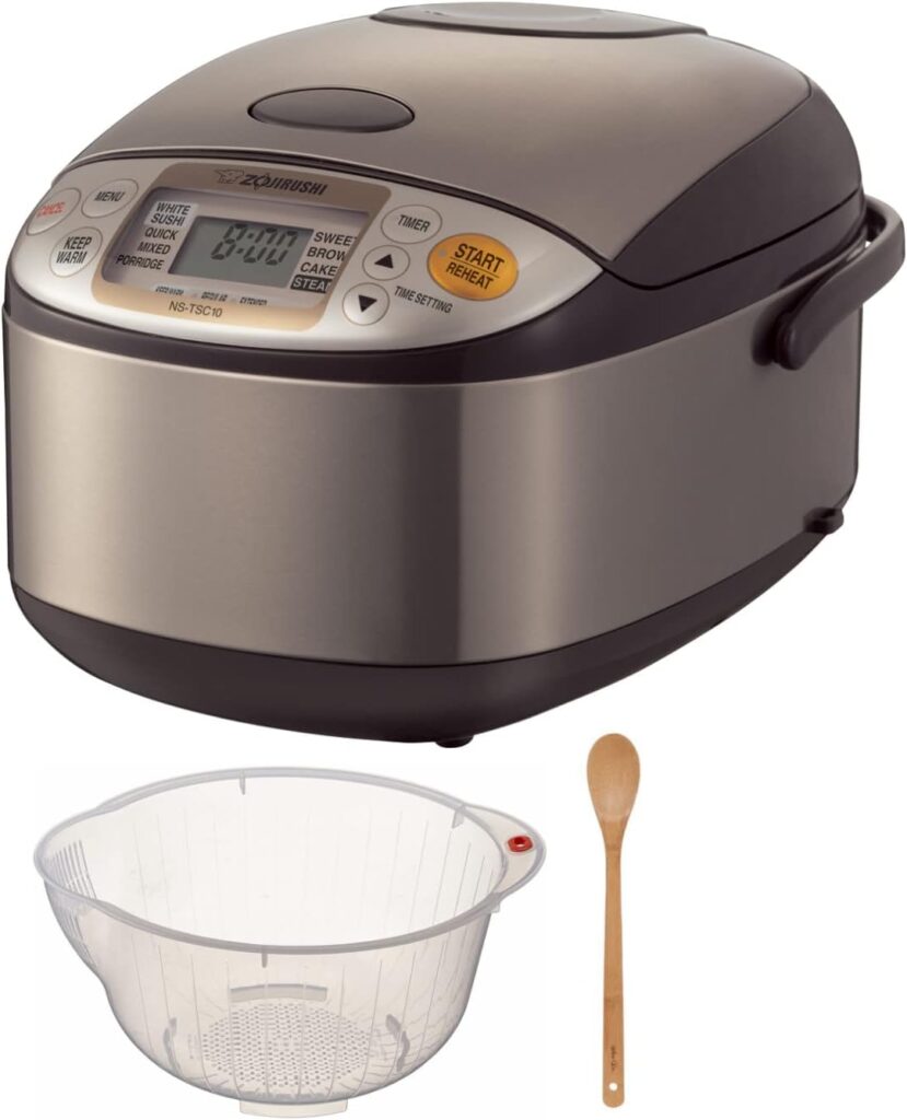 Zojirushi Micom Rice Cooker and Warmer (5.5-Cup/Stainless Brown) Bundle with Rice Washing Bowl and Bamboo Spoon (3 Items)