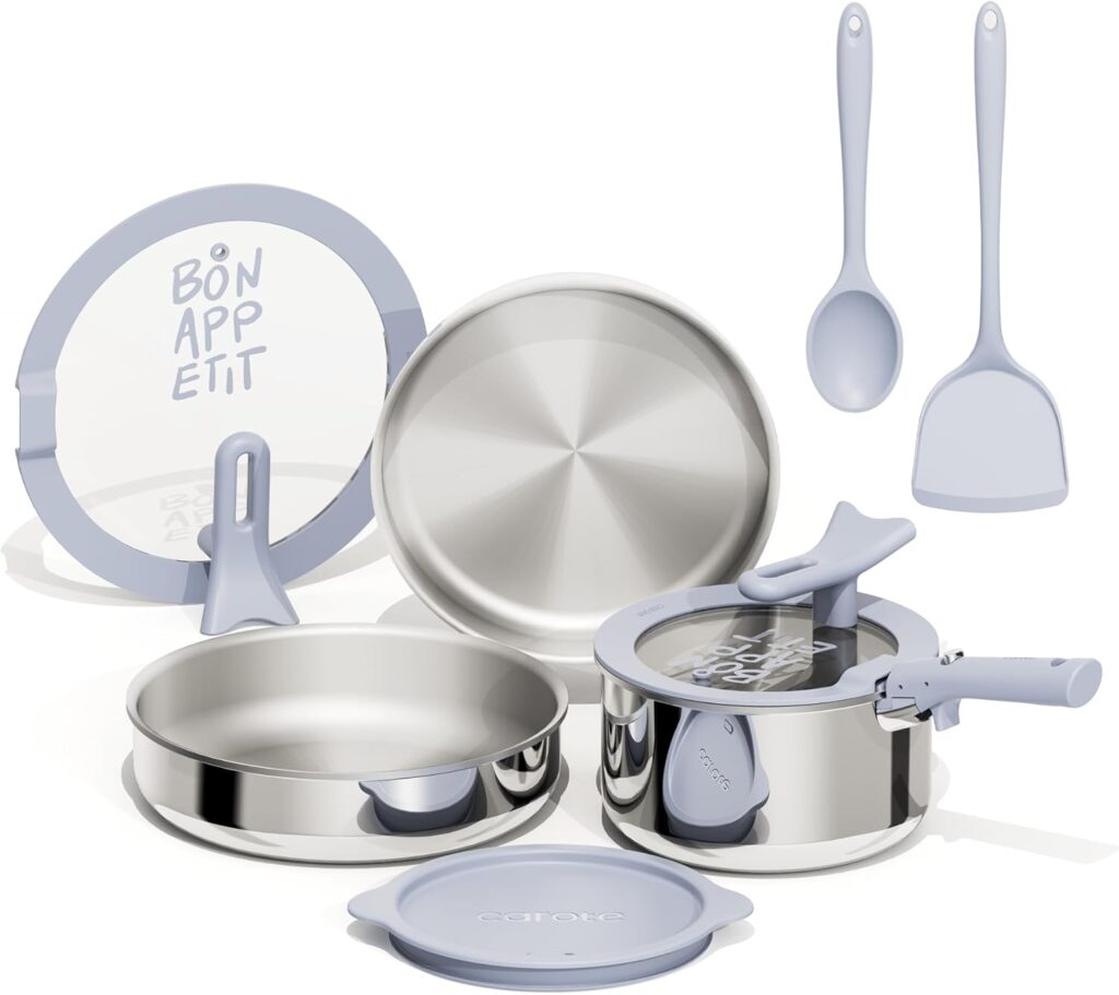 CAROTE Tri-Ply Stainless Steel Cookware Set with Stand-Up Lid, 11Pcs Pots and Pans Set Non Stick, Induction Kitchen Cooking Sets with Detachable Handle, Oven Safe to 600°F, Non Toxic Dishwasher