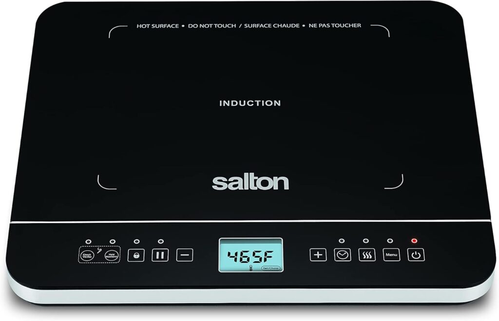 Salton Portable Induction Cooktop with Temperature Probe | 1500W | 10 Cooking Levels (60°C to 240°C) | Energy Efficient | Crystal Glass Top | Keep Warm Function | Timer with Auto Shut-Off