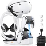 4-in-1 Controller Charging Station for PSVR2 and PS5, Dual Charging Dock with VR Headset Display Holder and Headphone Rack, LED-Charging Indicator, AC Power Adapter, RGB Lights, 3 Magnetic Connector