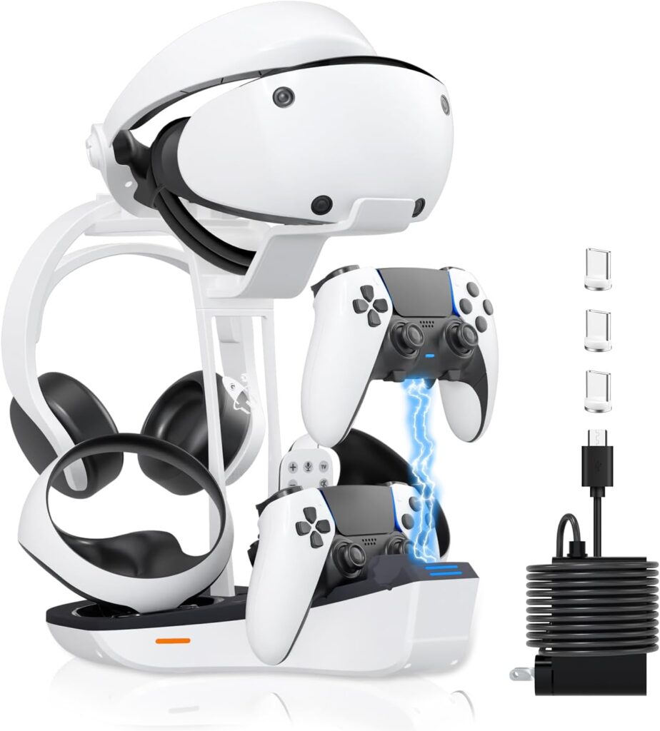 4-in-1 Controller Charging Station for PSVR2 and PS5, Dual Charging Dock with VR Headset Display Holder and Headphone Rack, LED-Charging Indicator, AC Power Adapter, RGB Lights, 3 Magnetic Connector