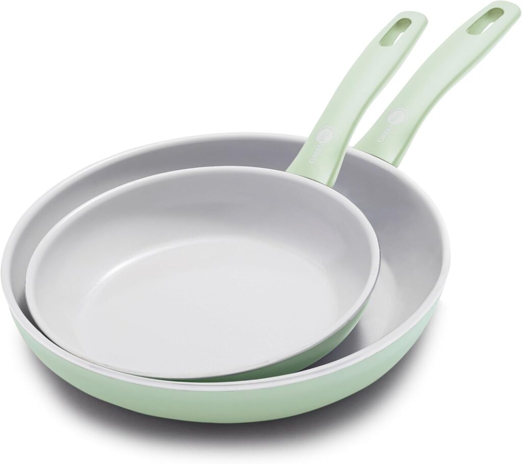 GreenPan Dover 8” & 10” 2 Piece Frying Pan Skillet Set, Non-Toxic PFAS-Free Ceramic Nonstick Coating, Sear Saute Fry Egg Omlete, Dishwasher & Oven Safe, Stay Cool Handle, Easy Pour Rims, Pastel Green