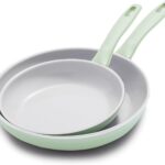 GreenPan Dover 8” & 10” 2 Piece Frying Pan Skillet Set, Non-Toxic PFAS-Free Ceramic Nonstick Coating, Sear Saute Fry Egg Omlete, Dishwasher & Oven Safe, Stay Cool Handle, Easy Pour Rims, Pastel Green