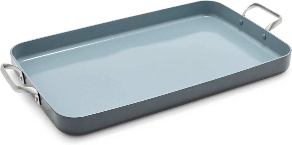 GreenPan Valencia Pro 18″ x 11″ Double Burner Griddle Pan, Induction Suitable, Ceramic Nonstick PFAS-Free, Rectangular Stovetop Cookware, Stainless Steel Handles, Dishwasher, Oven & Broiler Safe, Gray