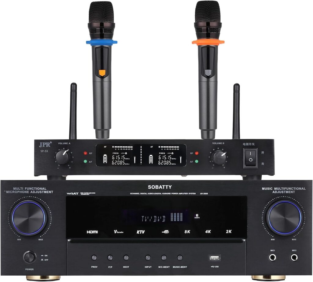 Stereo Receivers, 5.1 Channel Audio Amplifier with Bluetooth,8K Ultra HD, Optical/Coaxial USB, Subwoofer Output & Wireless Mics, Home Theater Amplifier System, for Theater Speakers