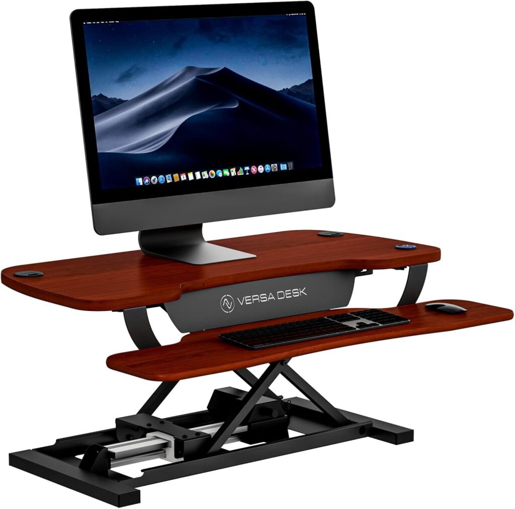 VERSADESK® PowerPro™ 36” x 24” Standing Desk Converter | 7.75” – 23.5” Electric Height Adjustable Sit to Stand Desk Riser w/ Keyboard Tray & USB Hub – Ergonomic Workstation for Home & Office, Cherry
