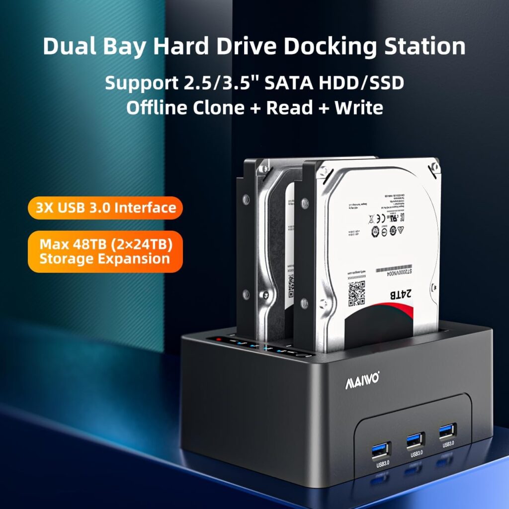 MAIWO Dual Bay Hard Drive Docking Station with Offline Clone for 2.5 3.5 Inch SATA HDD SSD, 3X USB 3.0 Hub Extension, 48TB Capacity, External Hard Drive Duplicator Cloner Copier