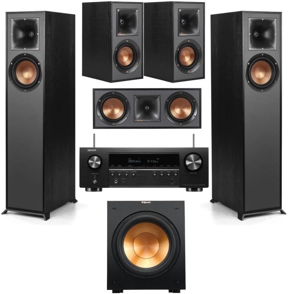 Klipsch Reference R-52C Center Channel Home Speaker, Black Bundle with R-52C Center Speaker, R-12SW 12″ 400W Powered Subwoofer, R-41M Bookshelf Speakers, 5.2-Channel 8K Receiver